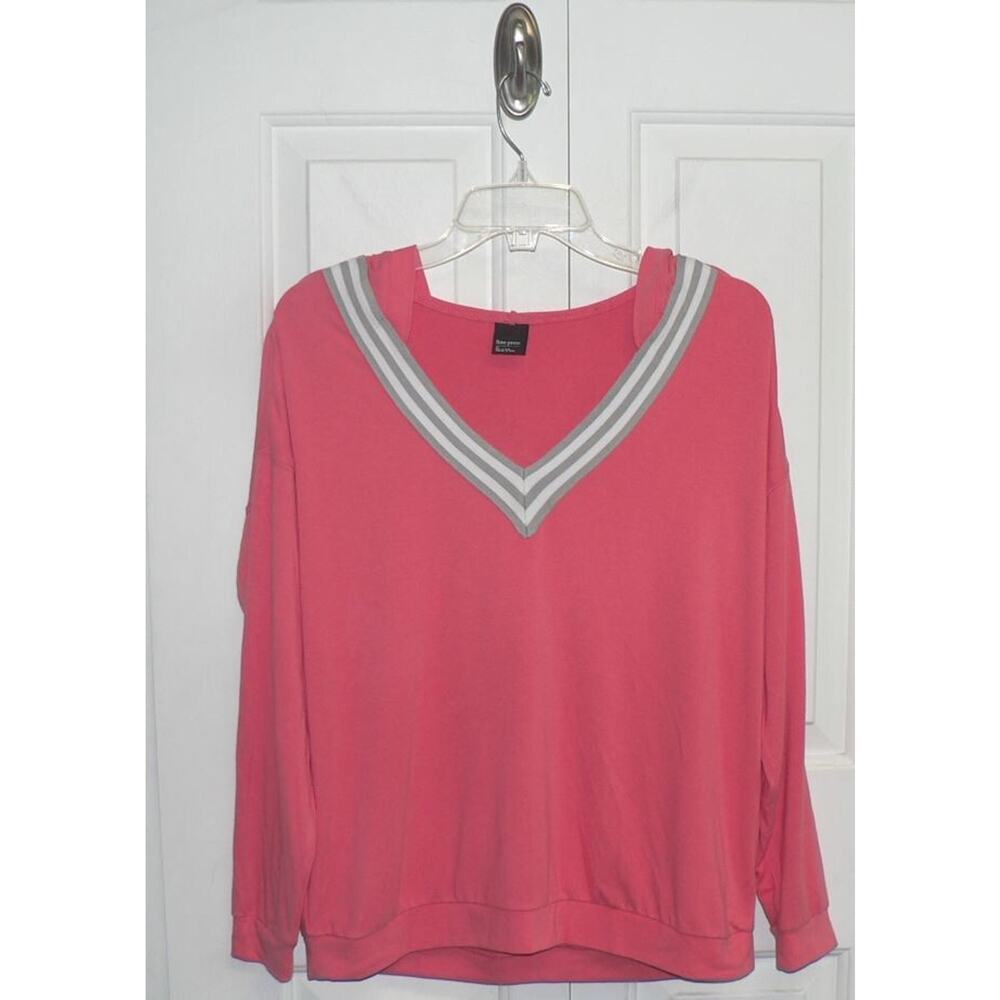 Free Press Lightweight V-Neck Varsity Stripe‎ Hoodie in Coral XSmall